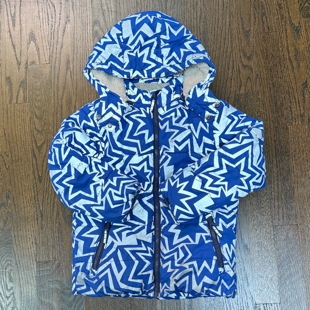 Boden Kids Blue and White Star Puffer Jacket